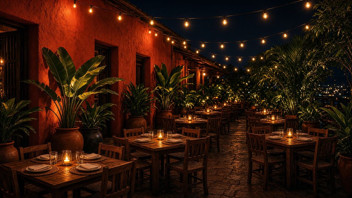 El patio de Brasa Pytã de noche: mesas con velas bajo guirnaldas de luces