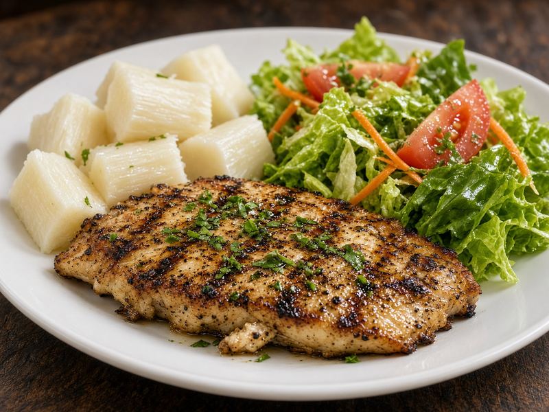 Surubí a la plancha con mandioca y ensalada