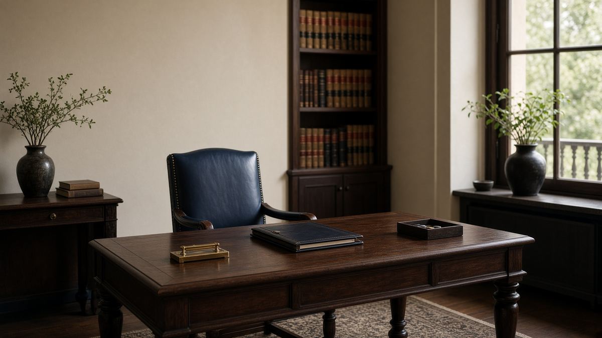Despacho del estudio: sillón de cuero azul frente a un escritorio de madera oscura y una biblioteca.